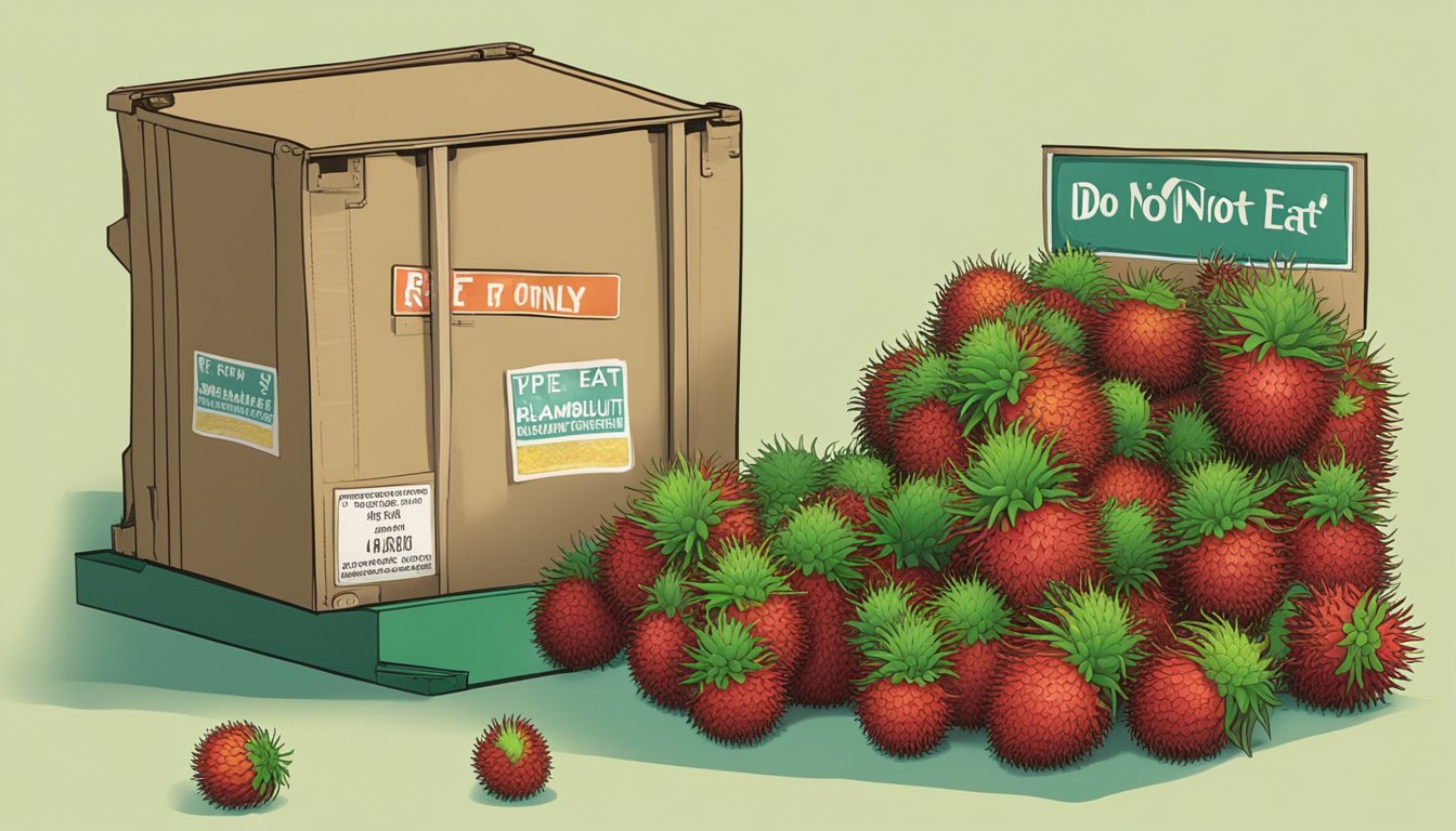 A pile of unripe rambutans sits next to a "Do Not Eat" sign, while a locked storage container is labeled "Ripe Rambutans Only."