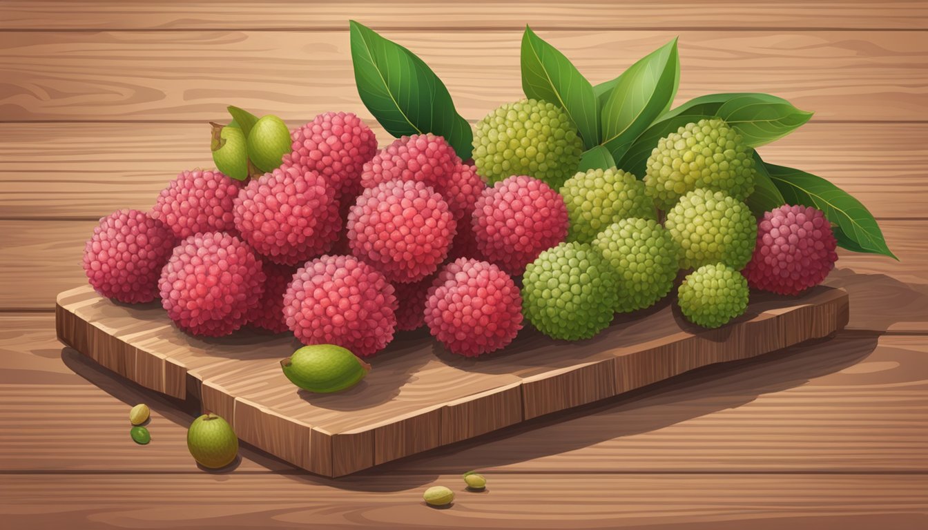 A cluster of lychees, some ripe and red, others still green and unripe, arranged on a wooden cutting board