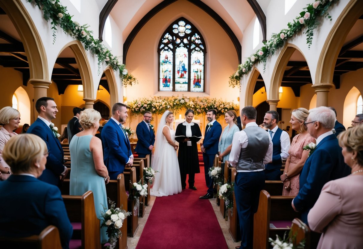 Guests gather for a wedding rehearsal in a charming UK church, as the couple and officiant discuss the ceremony. Flowers and decorations adorn the space