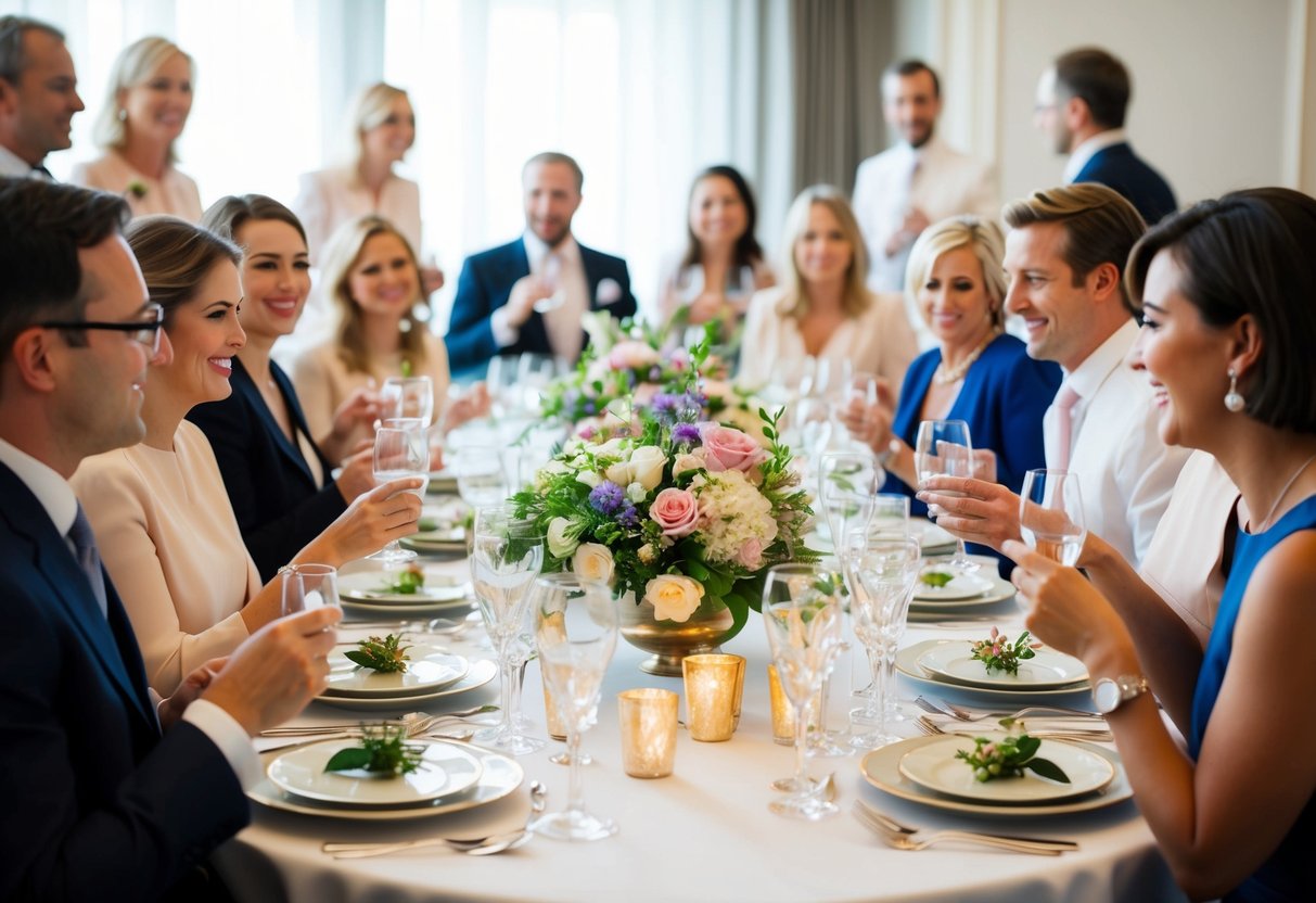 A beautifully set table with elegant place settings and floral centerpieces, surrounded by happy chatter and clinking glasses