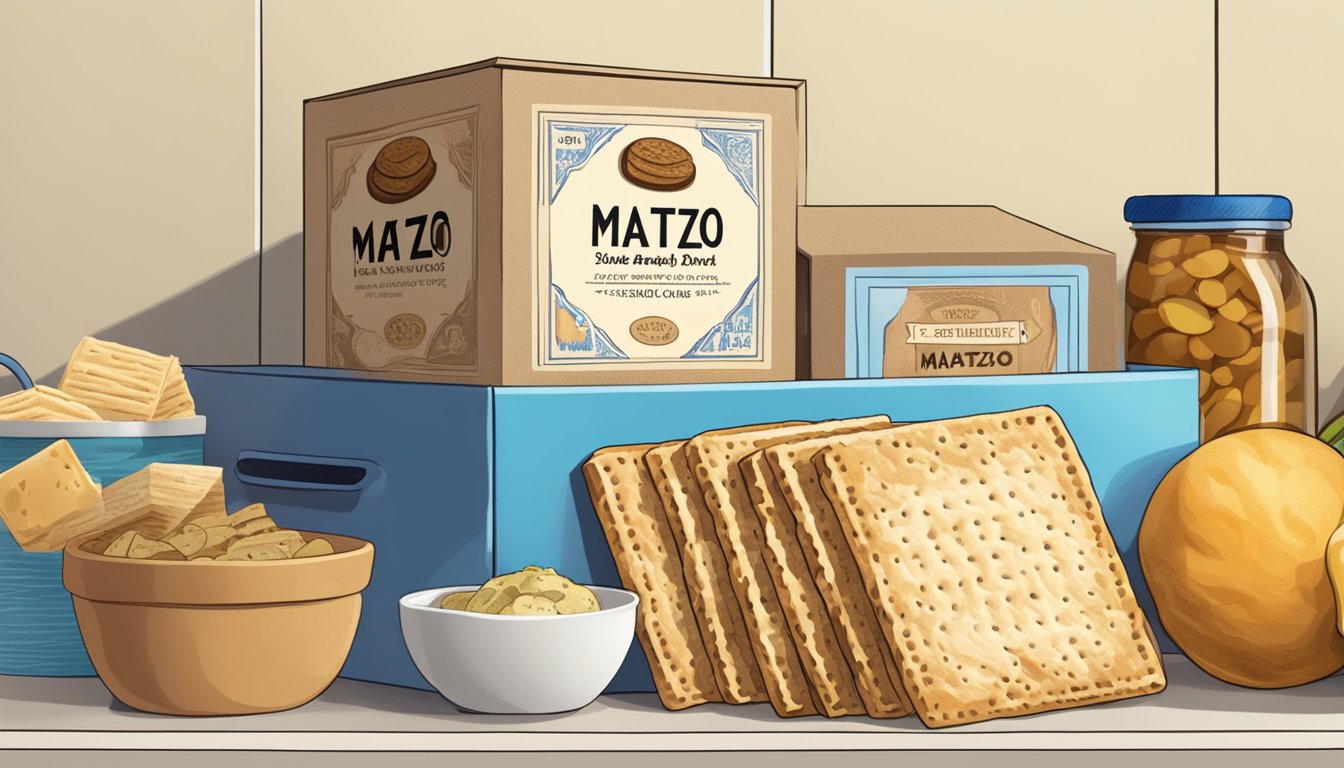 A box of matzo with an expiration date clearly displayed, surrounded by other food items on a kitchen shelf