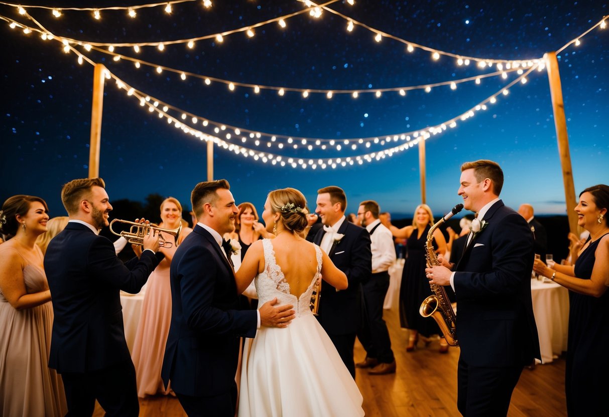 A wedding band plays a variety of songs at a lively reception, with guests dancing and celebrating under twinkling lights and a starry night sky