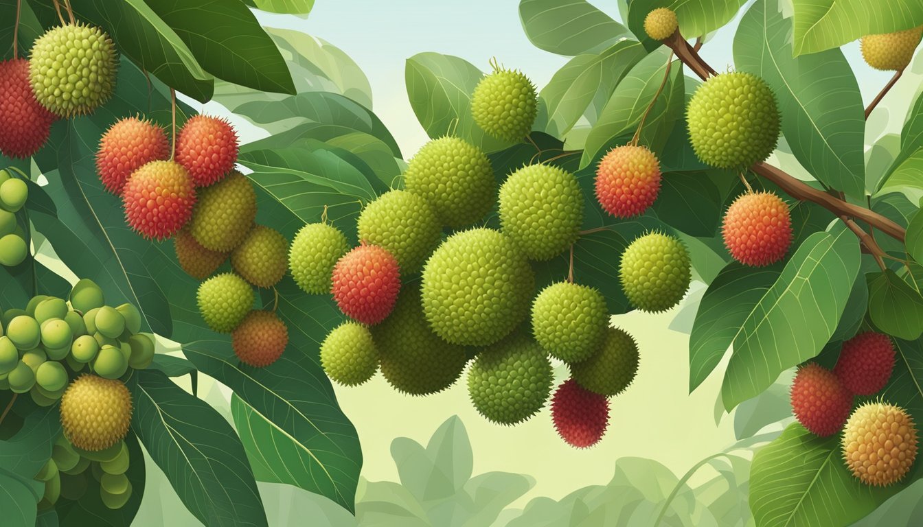 A cluster of unripe lychees hanging from a tree, surrounded by fully ripened lychees and other similar fruits like rambutans and longans