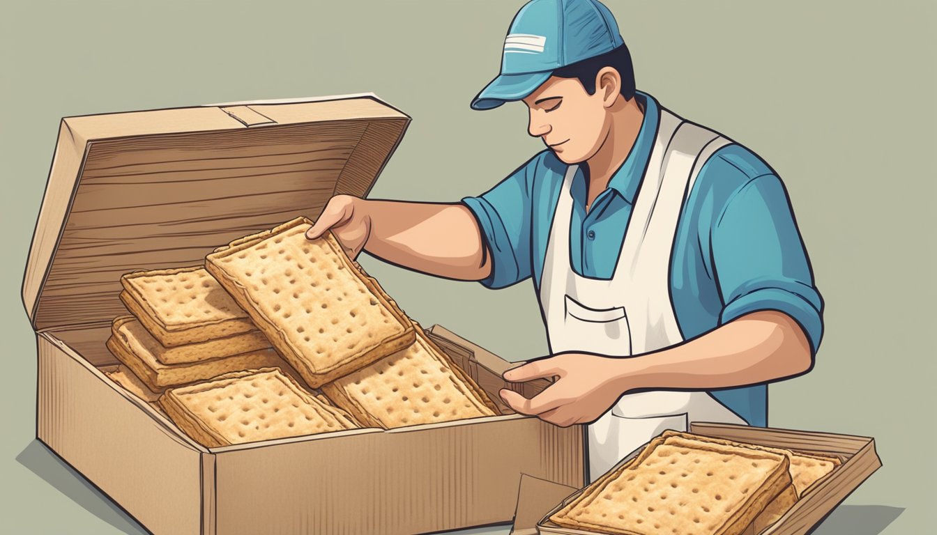 A person inspecting an opened box of expired matzo, checking for signs of mold or spoilage before deciding whether to consume it