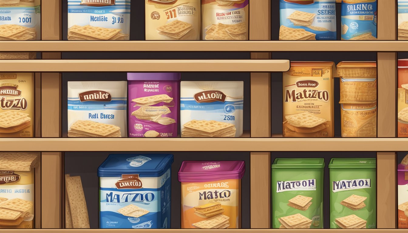 A stack of matzo boxes with various expiration dates, alongside a shelf of other non-perishable food items