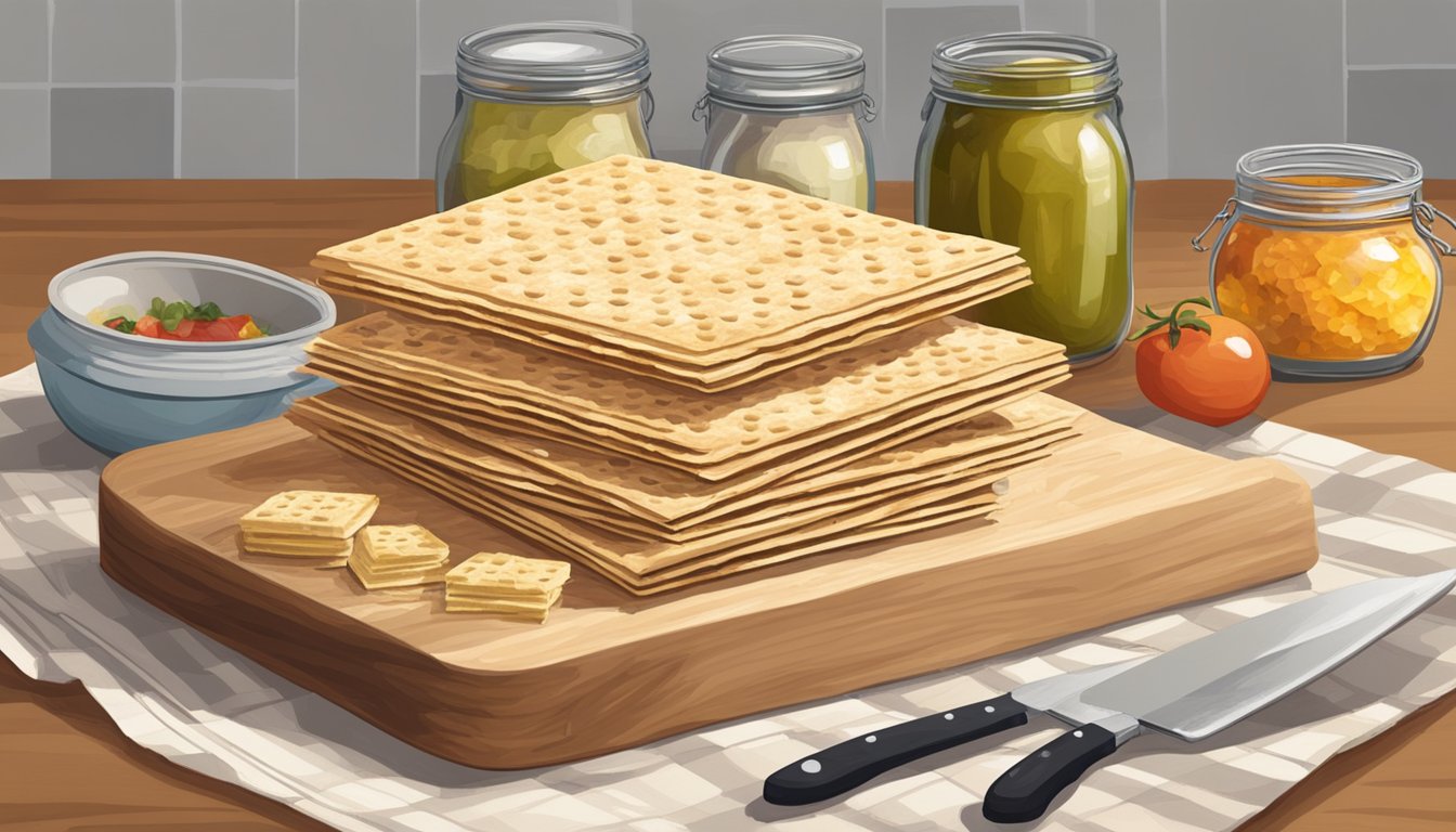 A stack of matzo, some fresh and some expired, sits on a kitchen counter next to jars of condiments and a cutting board with a knife