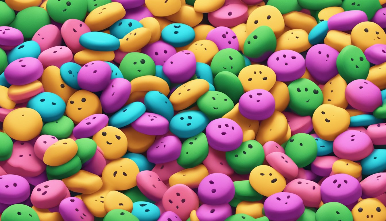 A colorful pile of expired marzipan, surrounded by question marks and a worried expression on a person's face