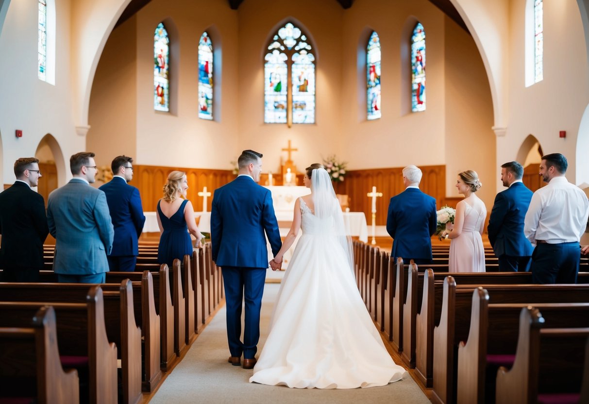 A couple stands in a church, watching as others practice walking down the aisle