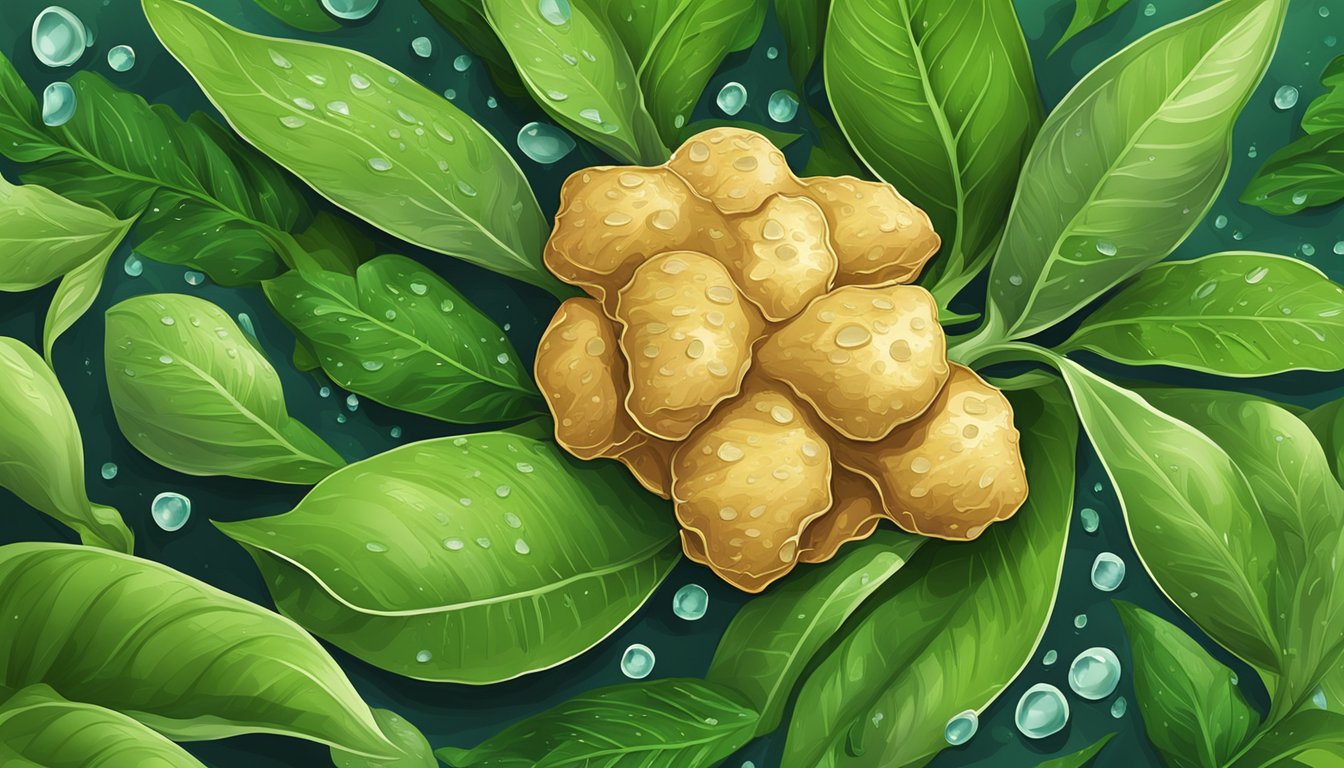 A whole ginger root surrounded by fresh green leaves and small droplets of water on its surface