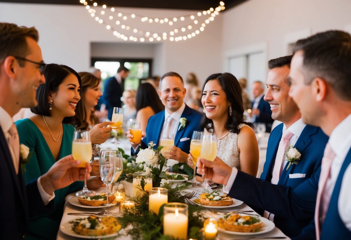 Guests mingle at a festive rehearsal dinner, enjoying drinks and appetizers while chatting and laughing in a beautifully decorated space