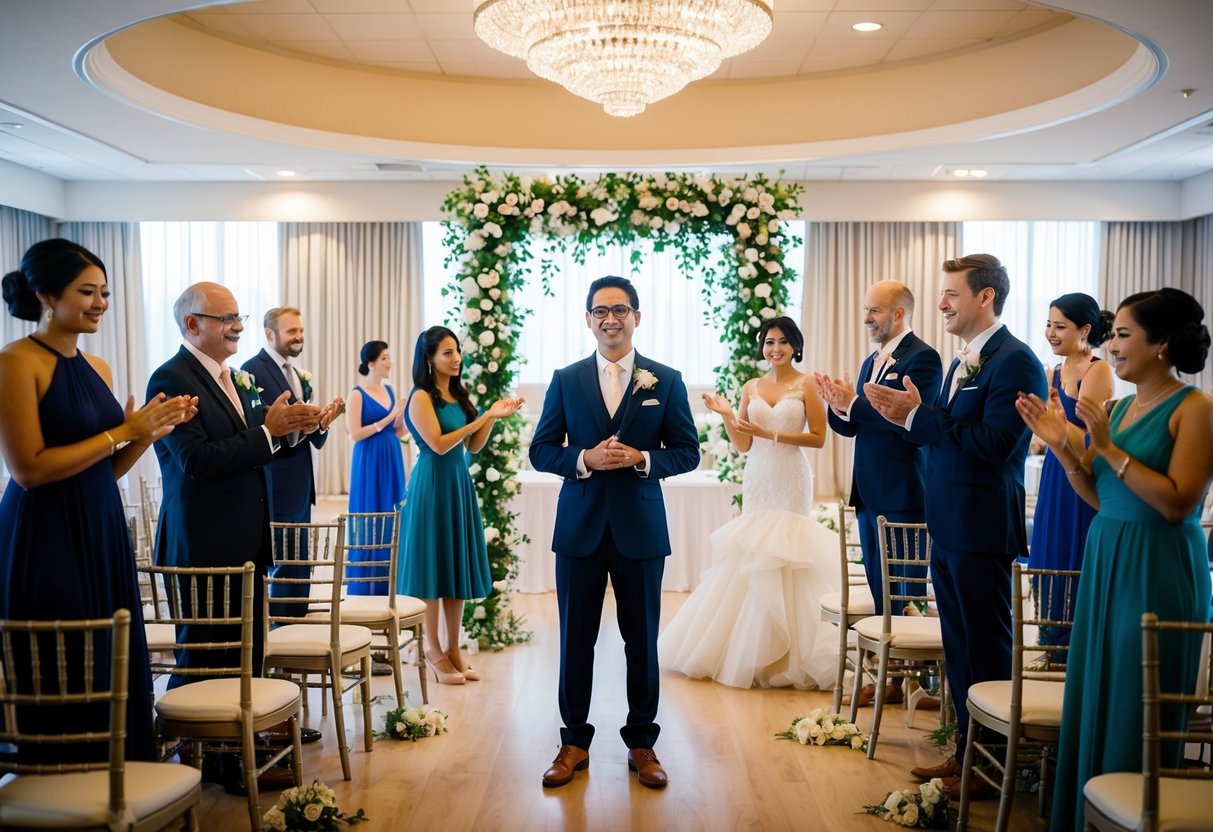 A group of people stand in a decorated wedding venue, practicing their roles and movements for the upcoming ceremony