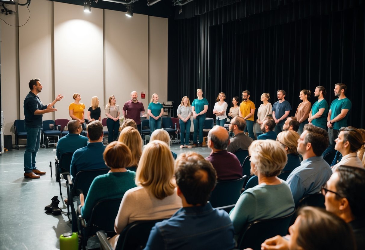 A rehearsal room filled with actors and stage crew, with a director giving instructions. Spouses of the performers sit in the audience, watching the run-through