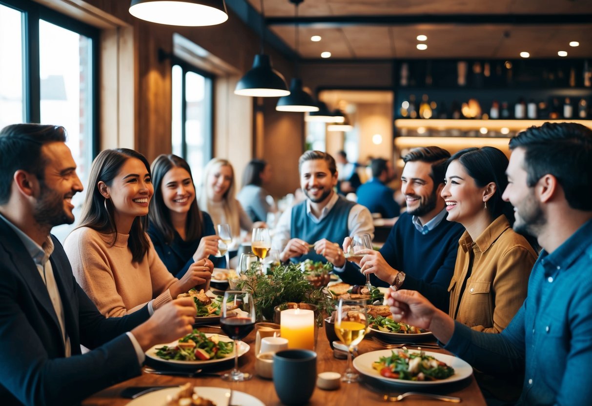 A group of people gather in a cozy restaurant, chatting and laughing as they enjoy a delicious meal together