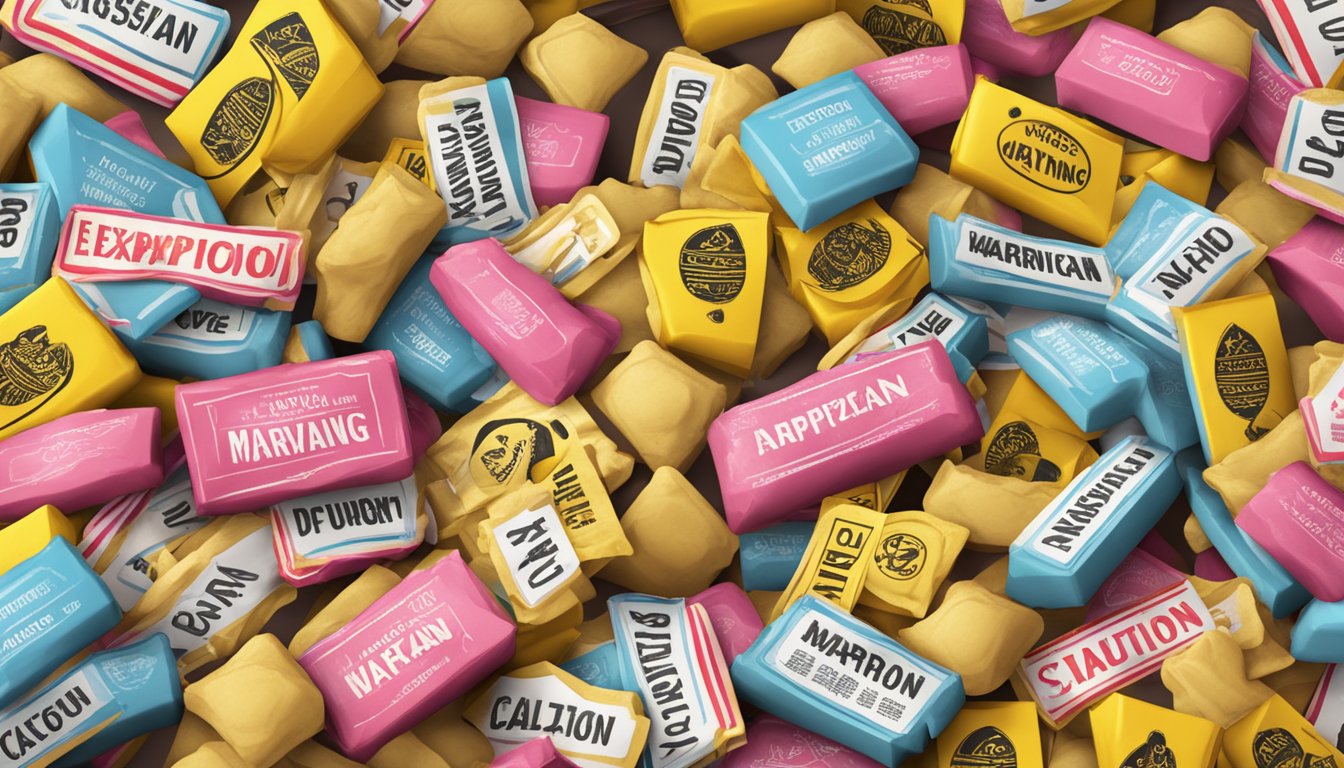 A pile of expired marzipan surrounded by caution signs and a warning label