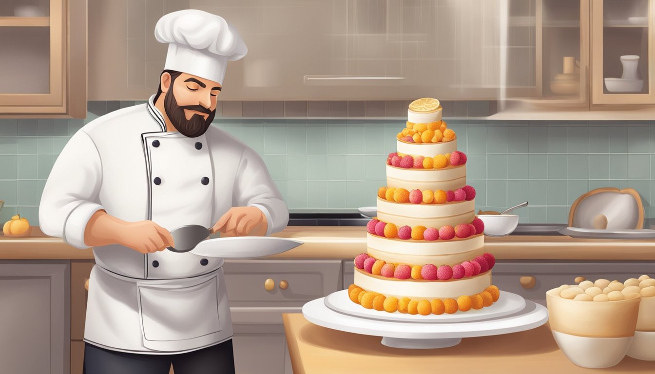 A chef confidently uses expired marzipan to create a beautifully decorated cake, showcasing its safe and creative use in cooking and baking