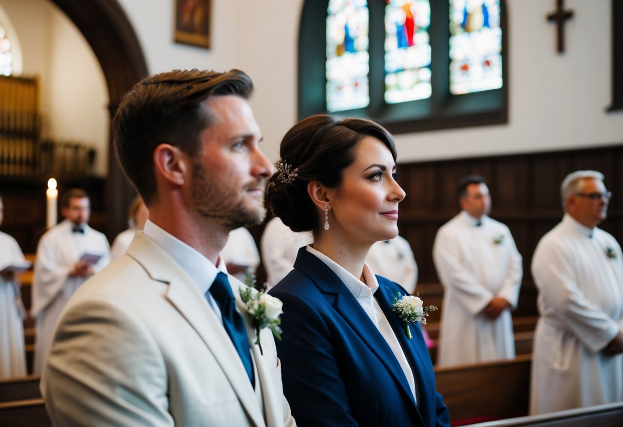 A couple stands side by side in a church, watching as the wedding rehearsal takes place. They observe quietly, taking in the ceremony details