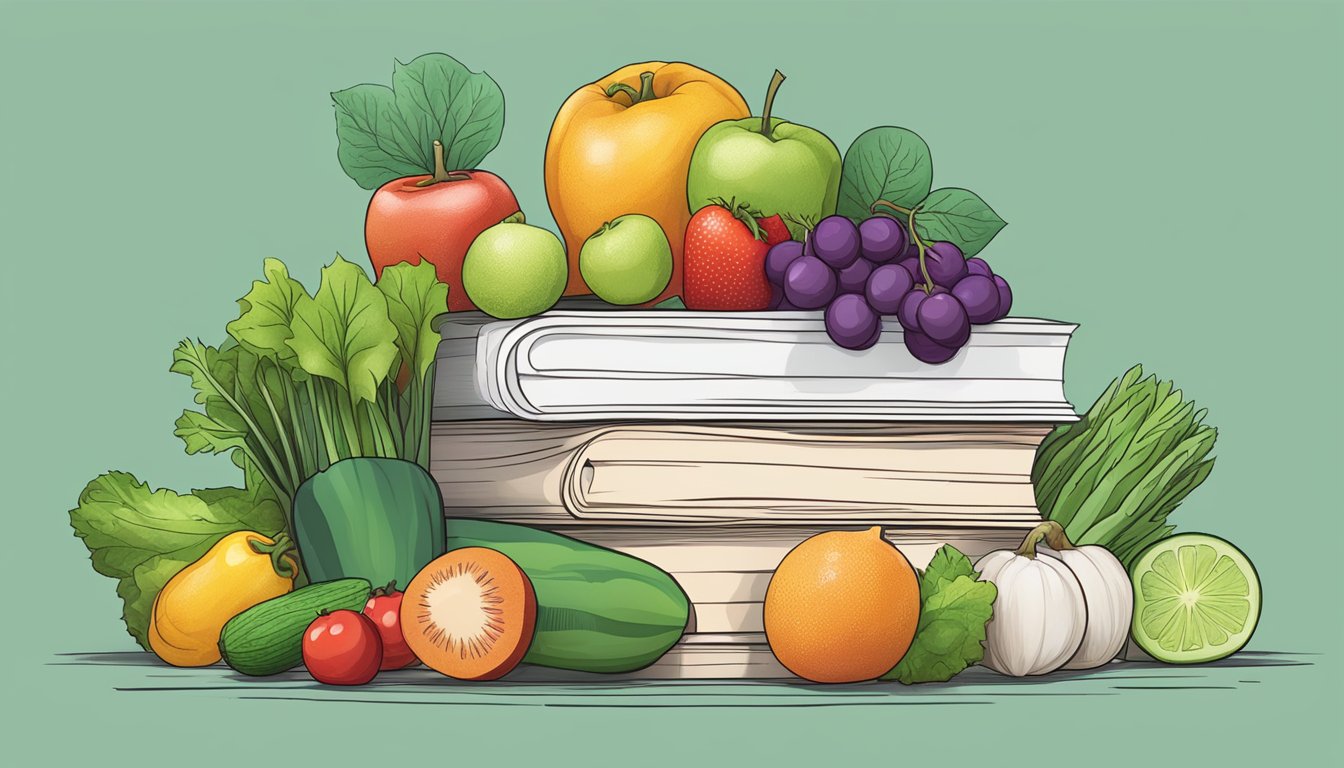 A stack of paper surrounded by various fruits and vegetables