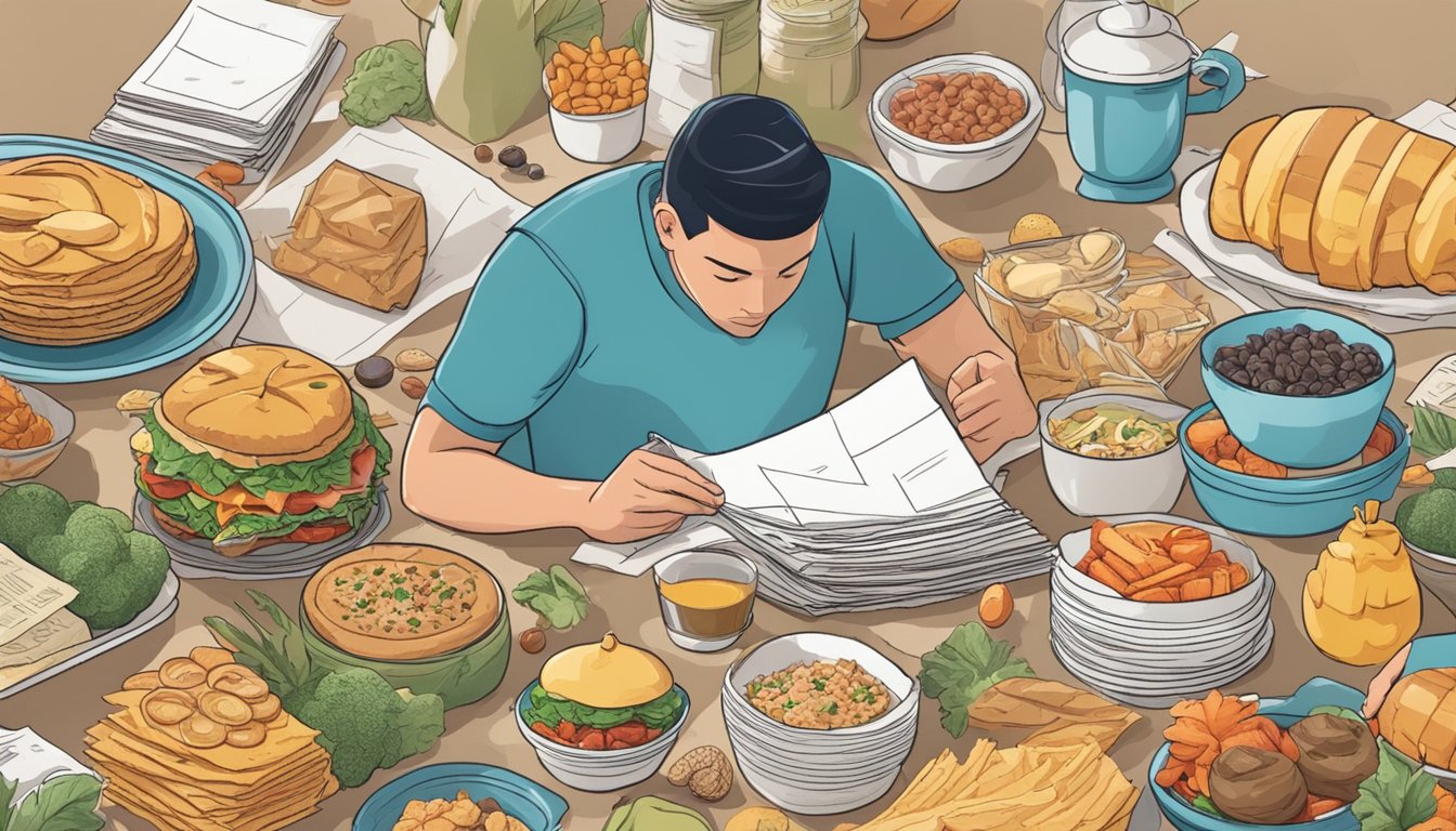 A stack of paper surrounded by various food items, with a puzzled person looking at it