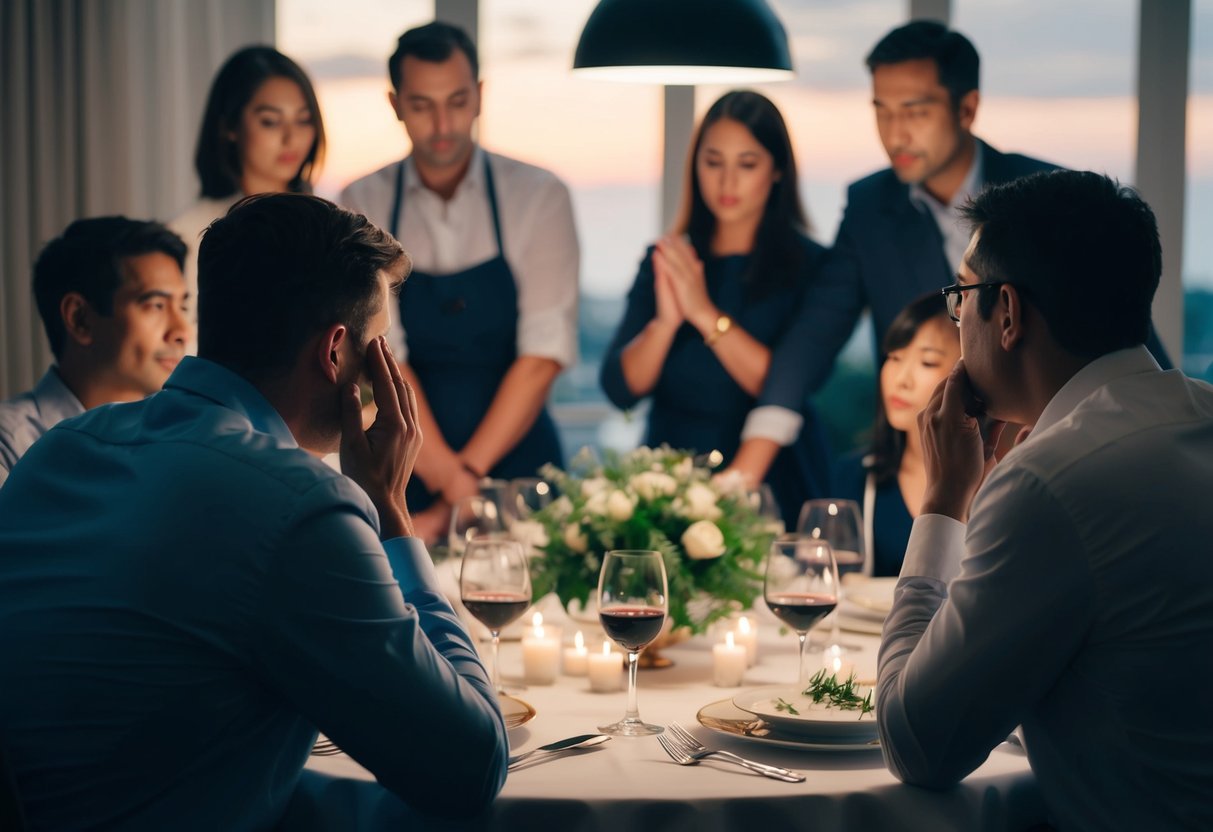 A person declining a dinner invitation while others are gathered around a table with disappointed looks on their faces