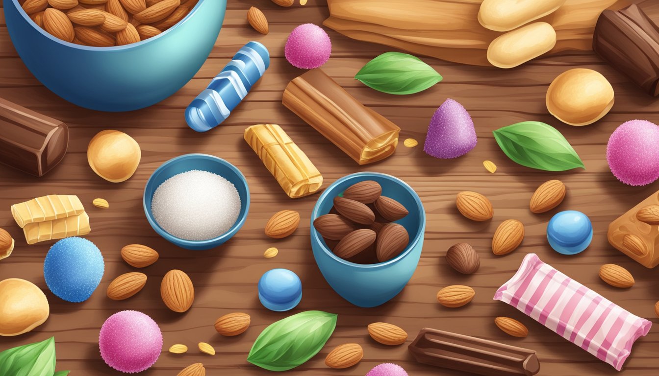 A variety of confectionery ingredients scattered on a wooden table, including almonds, sugar, and various extracts