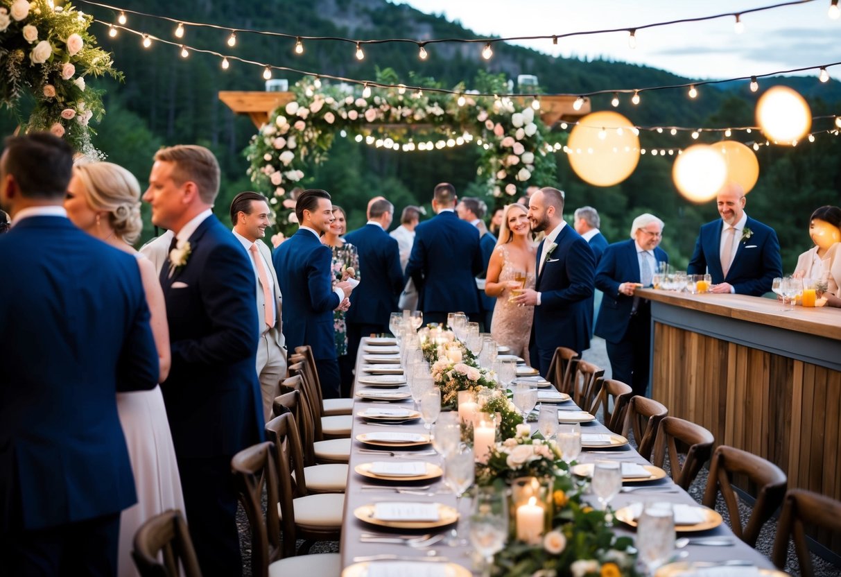Guests mingle at a scenic outdoor venue, surrounded by twinkling lights and floral arrangements. A long table is set with elegant place settings and candles, while a nearby bar offers signature cocktails