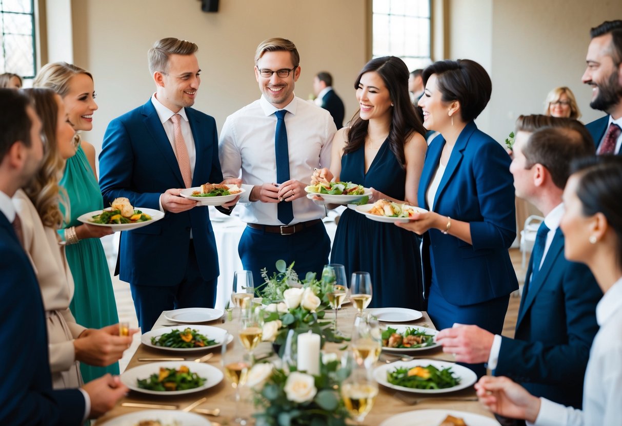 A group of people gathered around a table, some holding plates of food while others engage in conversation. A couple stands at the center, smiling as they interact with their guests