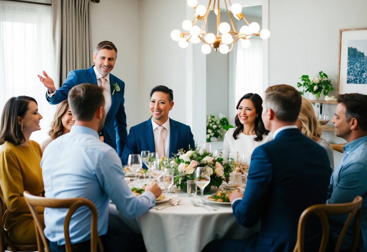 A couple seated at a dining table, surrounded by family and friends. The host gestures towards a guest who declines the invitation with a polite smile