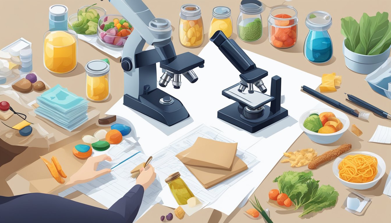 A person is examining a sheet of paper with a microscope, surrounded by various types of paper and food items