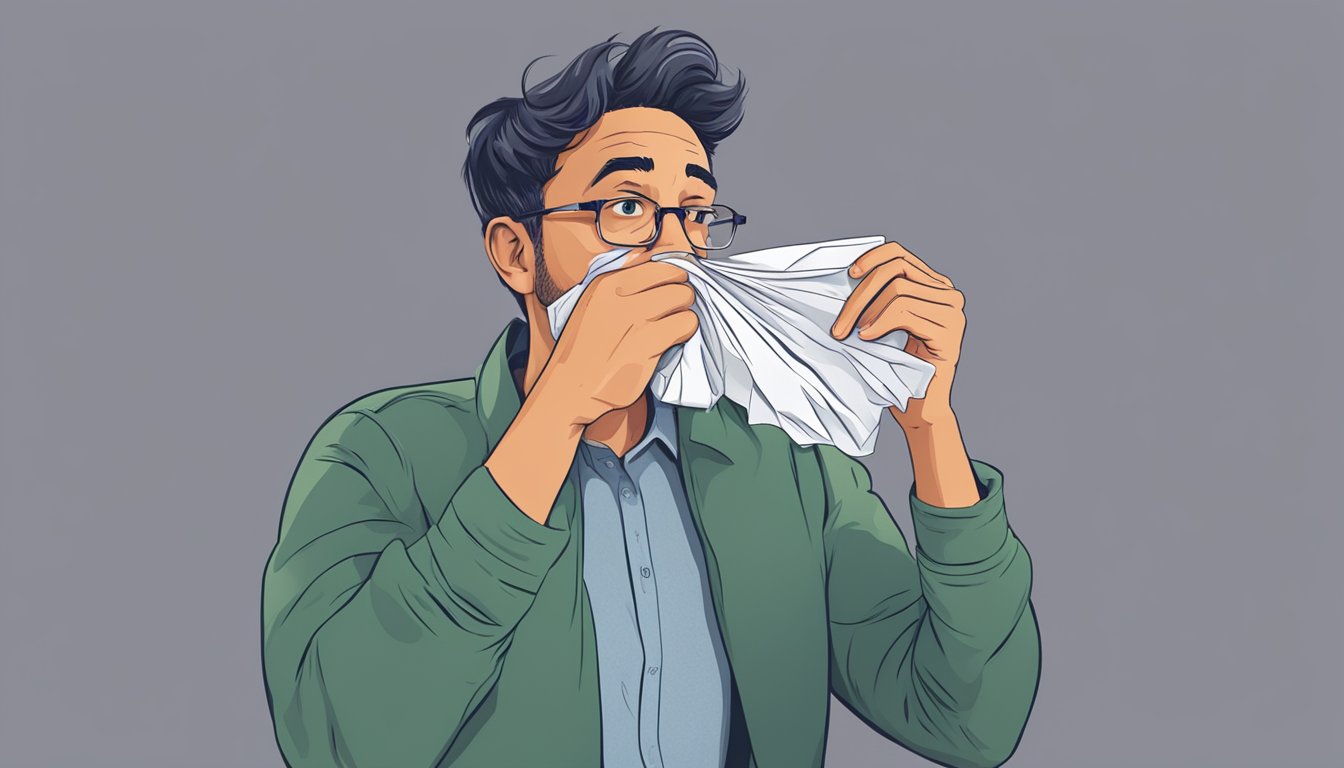 A person pulling a crumpled piece of paper out of their mouth, looking concerned