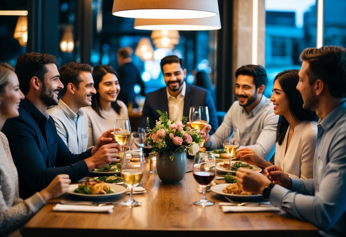 A group of people gathered around a table in a restaurant, exchanging pleasantries and enjoying a meal together