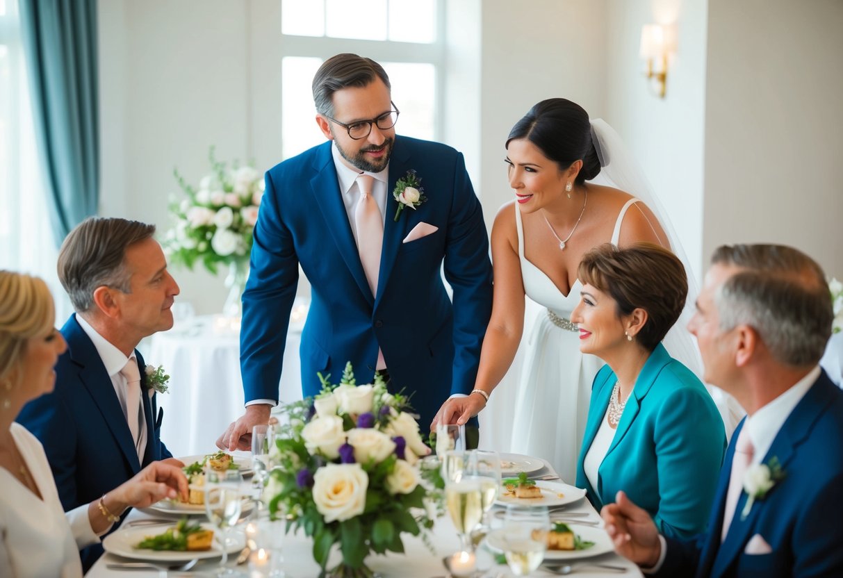 A couple and their families discussing and finalizing the details of the wedding rehearsal dinner, including the responsibilities and the financial arrangements
