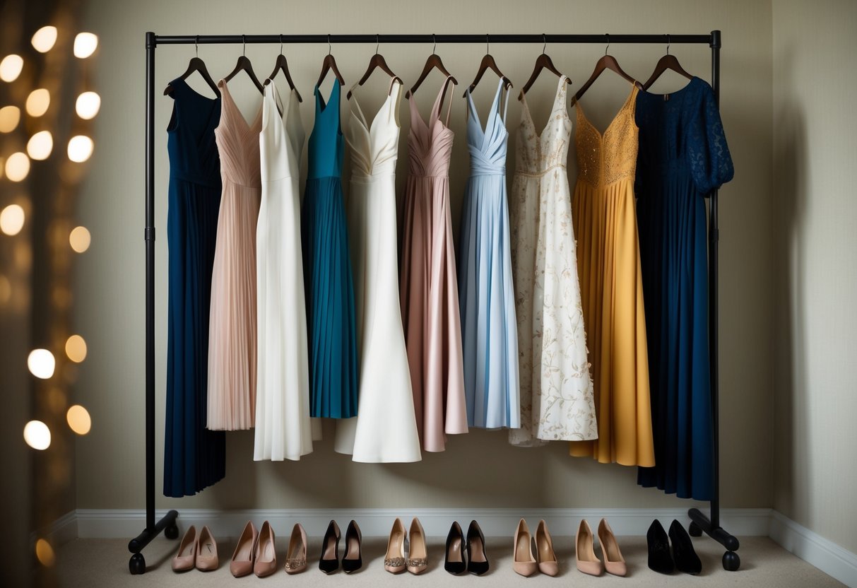 A row of elegant dresses hanging on a clothing rack, surrounded by shoes and accessories, in a softly lit dressing room