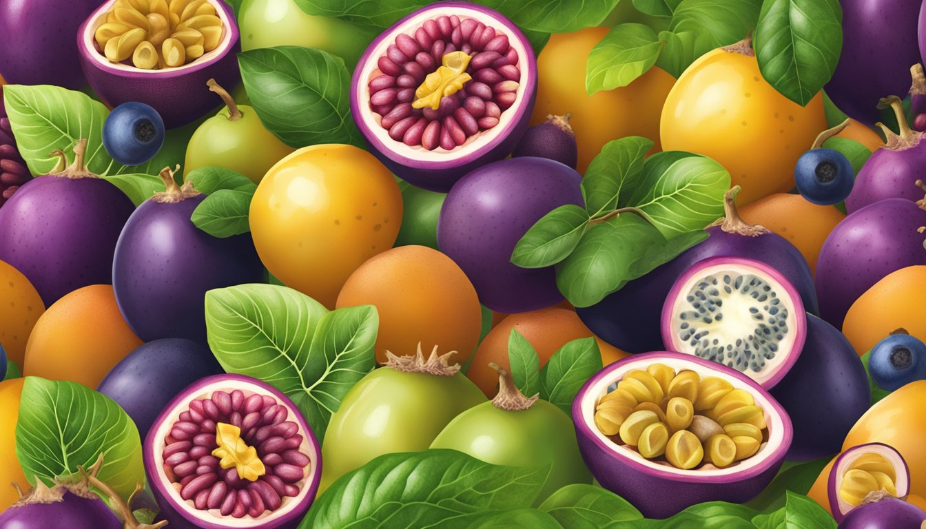 A vibrant passion fruit surrounded by a variety of fresh fruits and vegetables, showcasing its nutritional profile and safety for consumption