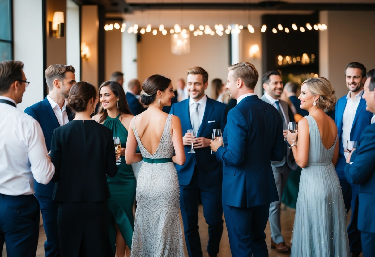 A group of elegantly dressed guests mingling in a stylish venue, with soft lighting and a relaxed yet sophisticated atmosphere
