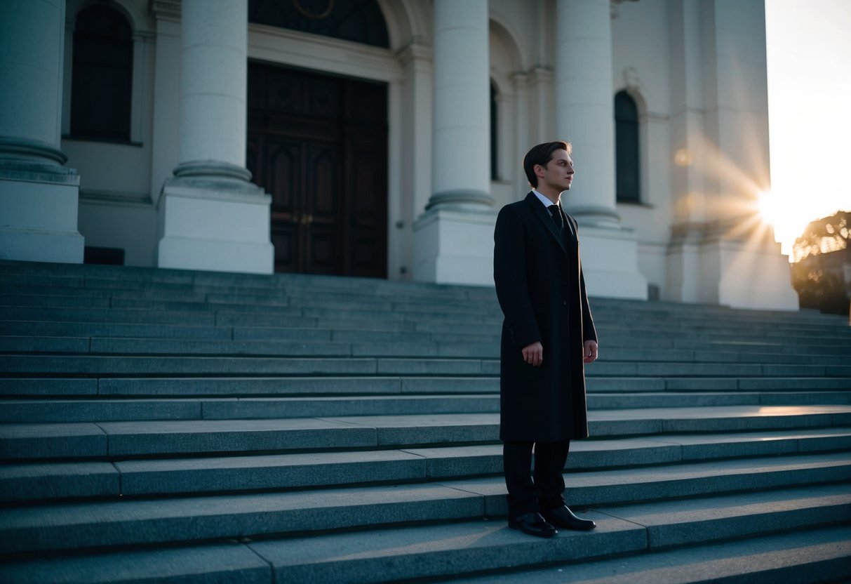 A lone figure stands outside a grand church, looking uncertain. The sun sets behind them, casting long shadows on the empty steps