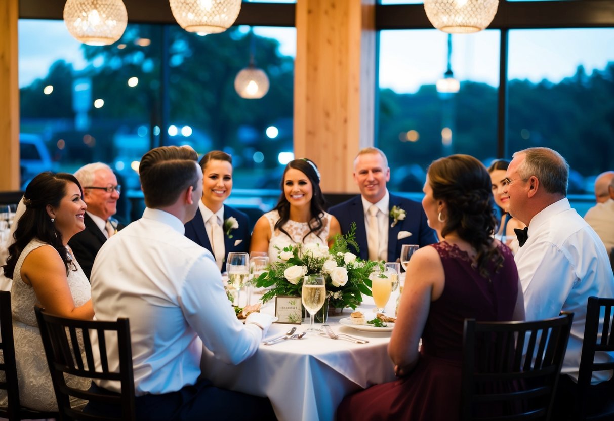 A couple and their families gather at a restaurant for a wedding rehearsal dinner. The host, typically the groom's family, pays for the meal