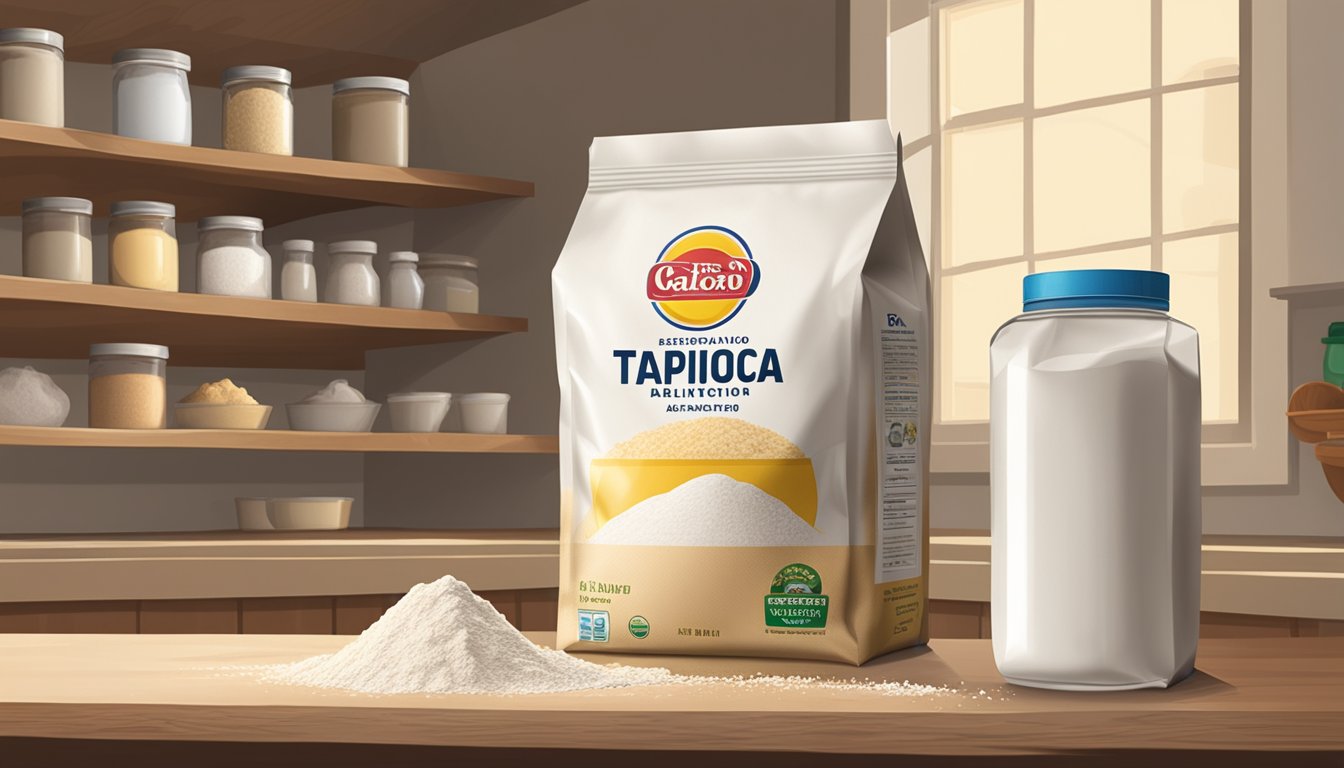 A bag of expired tapioca flour sits on a dusty shelf next to other baking ingredients