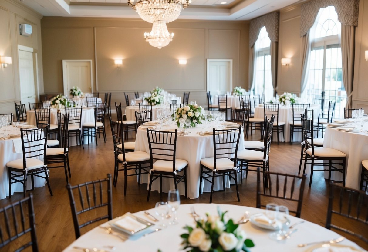 A beautifully decorated wedding venue with empty chairs and tables, suggesting that some guests have chosen to skip the event