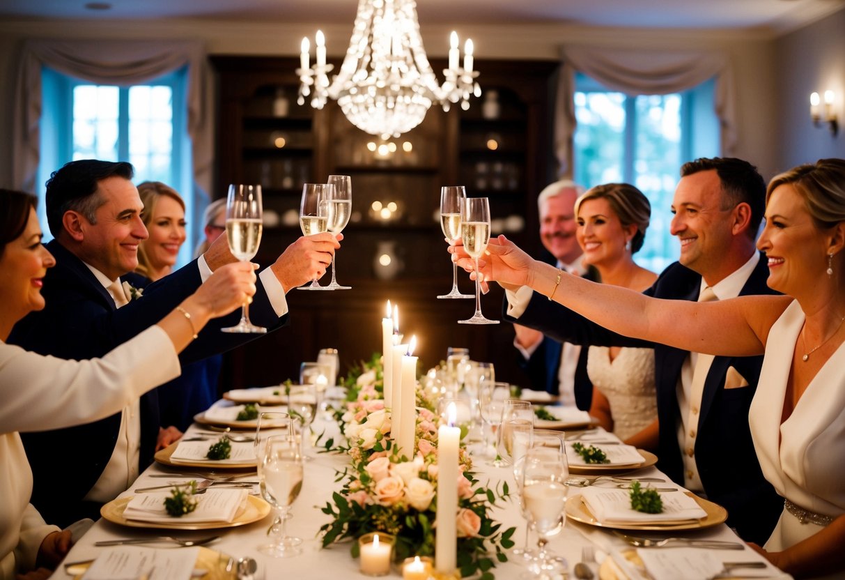 A couple sits at a candlelit table, surrounded by family and friends, raising their glasses in a toast. The table is adorned with elegant place settings and floral centerpieces