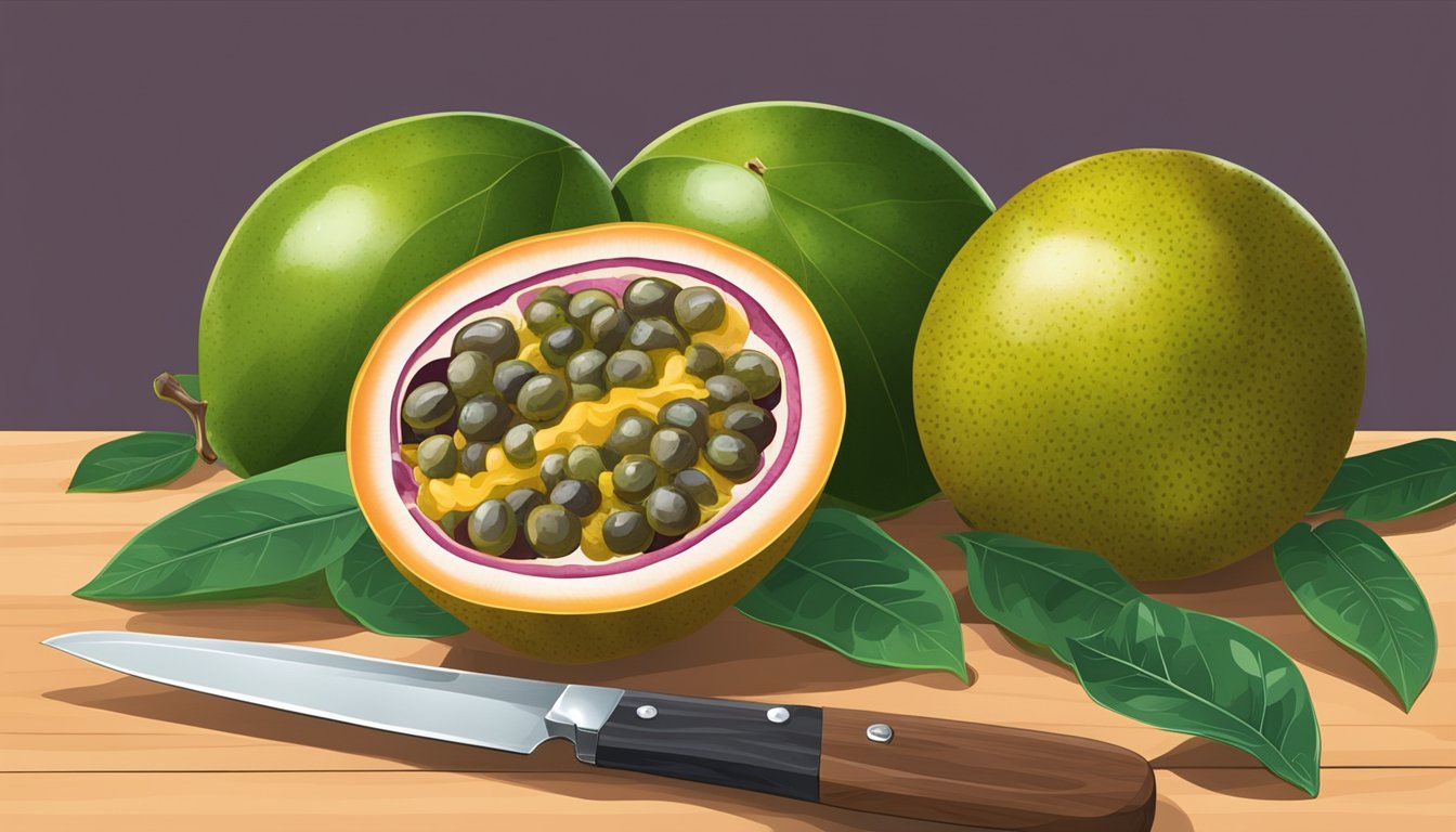 A ripe passion fruit surrounded by leaves and flowers, with a knife and cutting board nearby