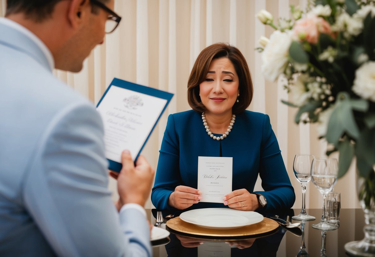 A person receiving a wedding invitation and politely declining with a regretful expression