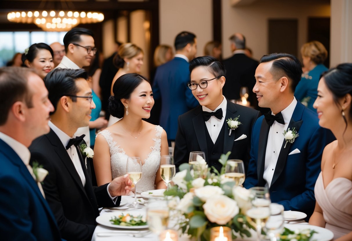 A group of elegantly dressed individuals mingling at a wedding rehearsal dinner, exchanging polite conversation and adhering to social etiquette