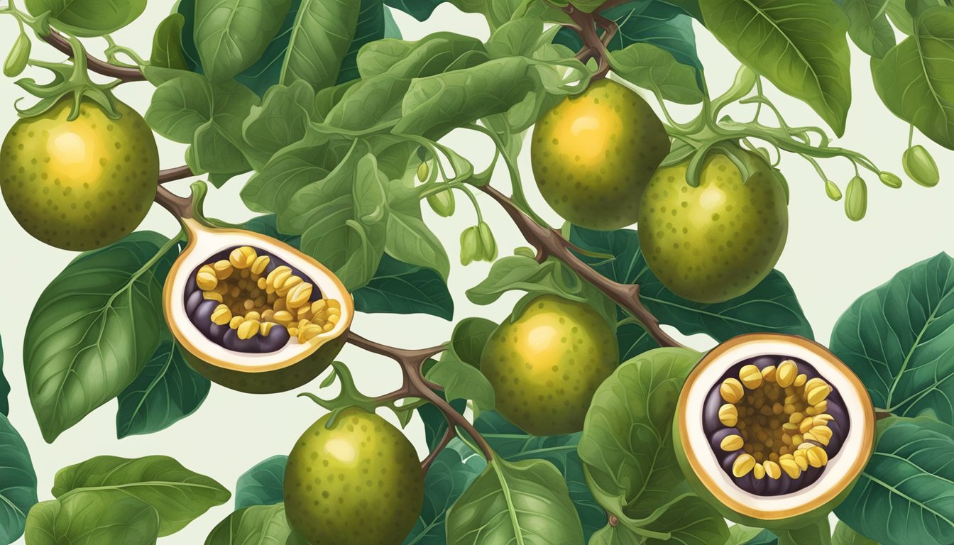 A passion fruit vine with ripe fruit hanging from it, surrounded by lush green leaves and delicate tendrils