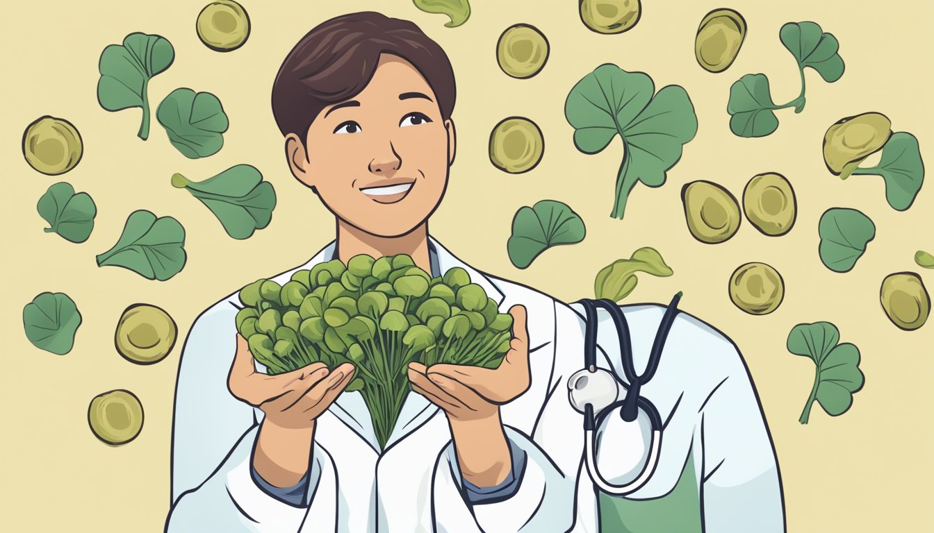 A person holding a handful of ginkgo nuts, with a question mark above their head. The background includes images of healthy foods and a doctor's office