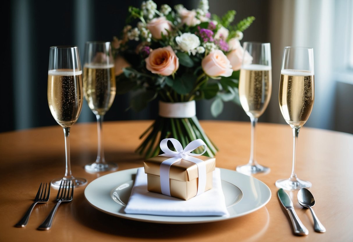 A table set with a bouquet, champagne glasses, and a gift wrapped in ribbon