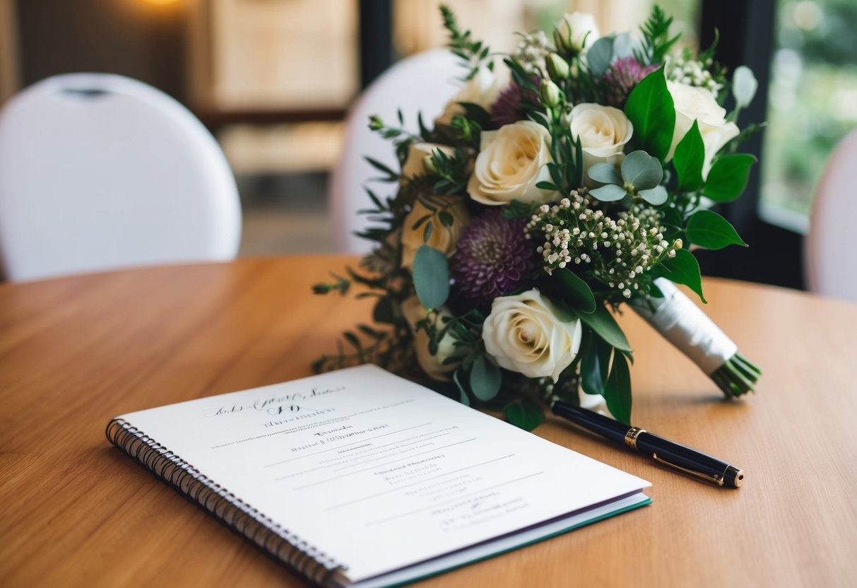 A table set with a wedding program, bouquet, and a notebook with a pen