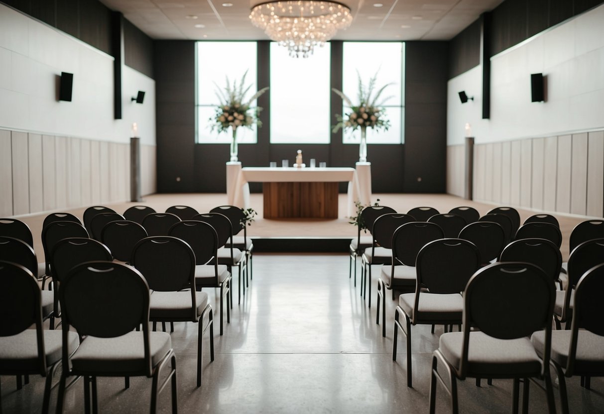 A deserted wedding venue with empty chairs and an abandoned altar