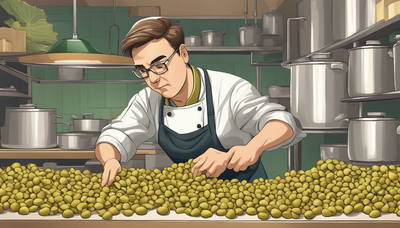 A chef carefully inspects ginkgo nuts before preparing them for cooking, with a concerned expression on their face