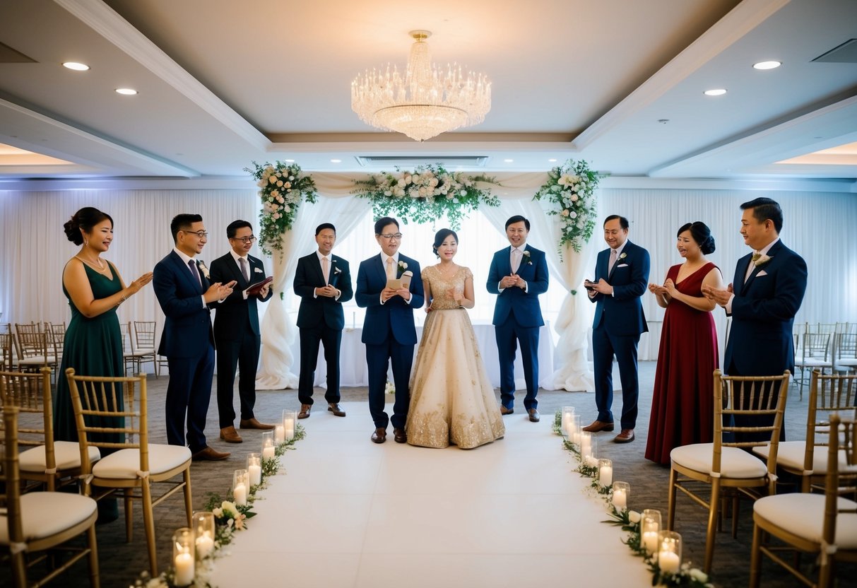 A group of people stand in a decorated wedding venue, practicing their roles and movements for the upcoming ceremony