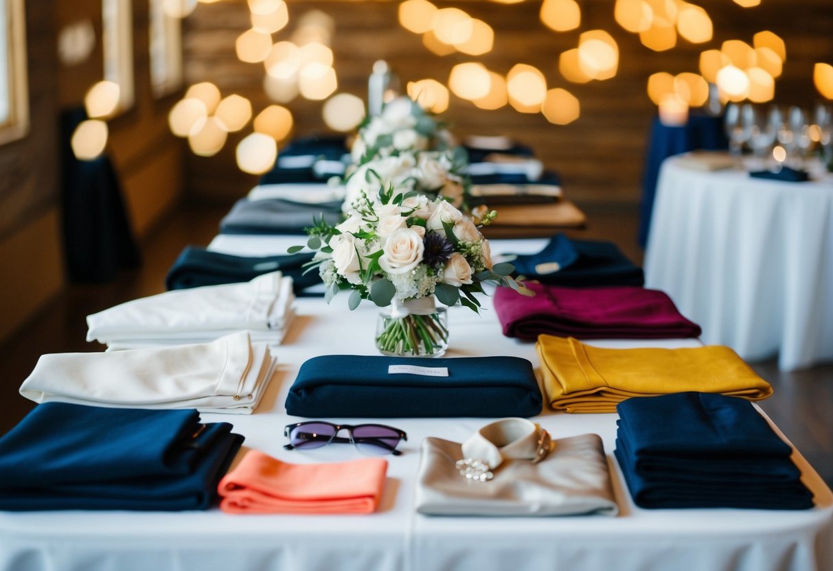 A table with a variety of clothing and accessories laid out for a wedding rehearsal